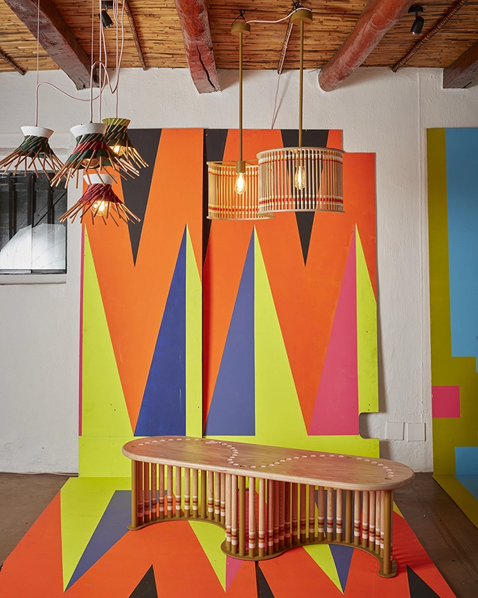 Cabinet and woven lights by Siviwe Jali – Clout/SA and Nando’s HYD showcase at Spier. Curated by Tracy Lynch, creative director Clout/SA