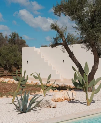 Besides the pool is a desert cactus garden which blends in with the rugged terrain.