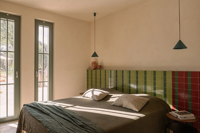 Cromia 1369 tiles by Giovanni de Maio add a pop of colour to the one of the three en-suite bedrooms in the main villa.