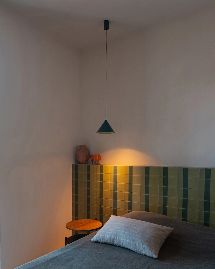 Cromia 1369 tiles by Giovanni de Maio add a pop of colour to the one of the three en-suite bedrooms in the main villa.