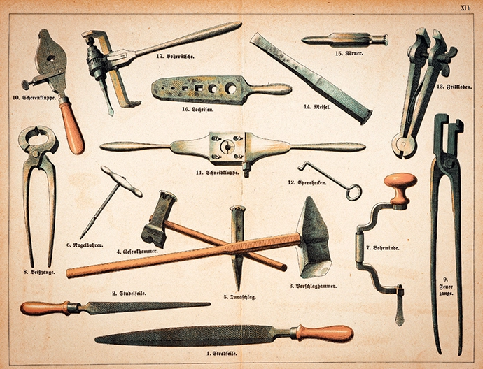 A lithograph of locksmith tools from the 1860s.