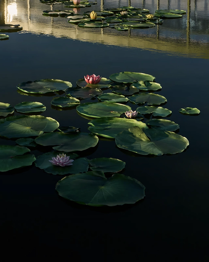 Artificial water lilies placed on the surface of the pond, creating a dreamlike landscape.