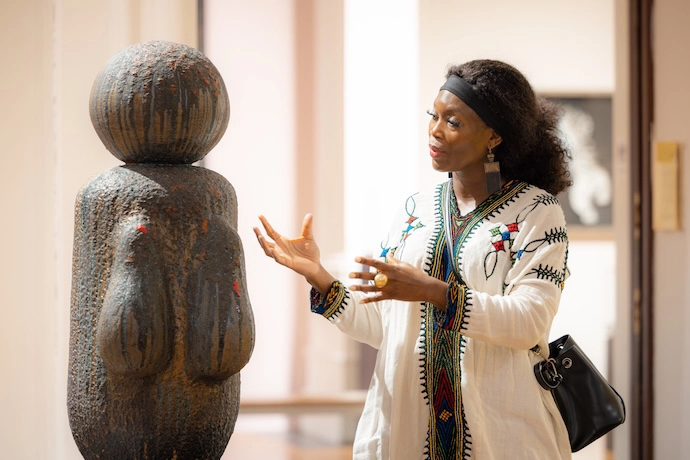 Artist Zizpho Poswa speaking about her work during an event at the Motherhood exhibition at the Iziko South African National Gallery, during HEAT Winter Arts Festival in 2025