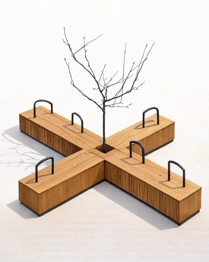 A render of the Intersection Bench by Derrick Baard of PureSpace Design in collaboration with John Bauer