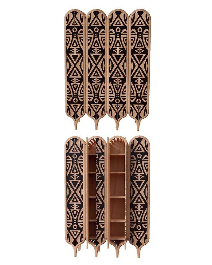 The Gimba-Khwebz piece is inspired by the form of a smartphone’s
SIM-card ejector.