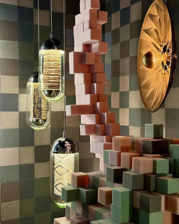 From Left: Luminaire d'Afrique pendants and Mema Designs' Fan Lamp.