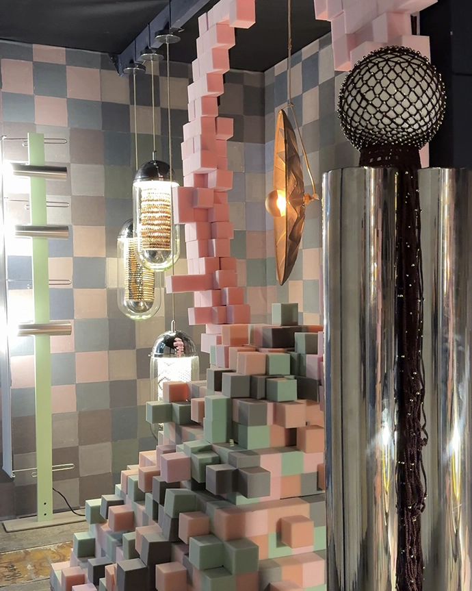 From Left: Joe Paine's MAXIMA Standing Lamp, Luminaire d'Afrique pendants, Mema Designs' Fan Lamp and the Misra Lamp by Ananta Design Studio.