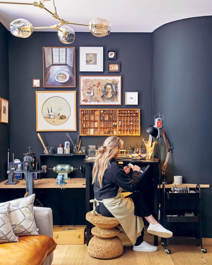 Erica’s jewellery-making studio is finished in rich green-tinted black paint.