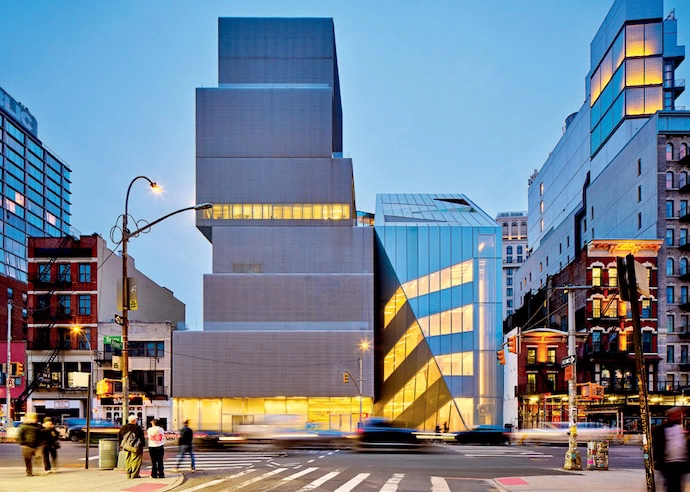 OMA’s extension to New Museum sits adjacent to SANAA’s 2007 building. In architectural dialogue with the original, the extension expands the relationship between indoors and out, oft en through triangular apertures.