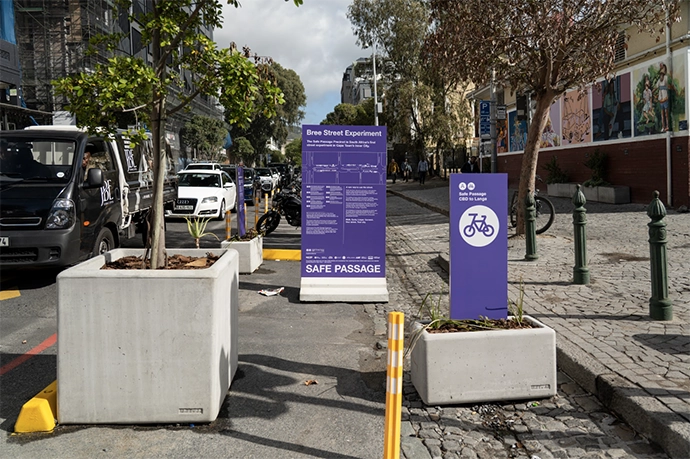 The Safe Passage Precinct initiative – a cross-sector collaboration between Young Urbanists South Africa, Mission for Inner City Cape Town and Street Experiments South Africa – saw over 40 plants and trees added to Bree Street. The modular planters were designed by Urban Think Tank and Jeffrey James, and produced locally by Stonecast Manufacturers.