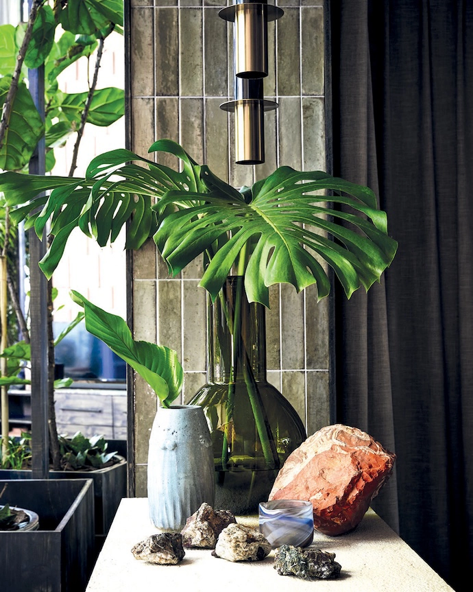 The surface that serves as a divide between the dining area and the kitchen is layered with minerals, stones, vases and plants.