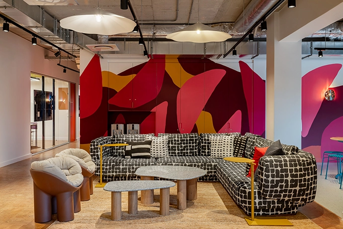 The colourful student lounge area leads on to the cafeteria.
