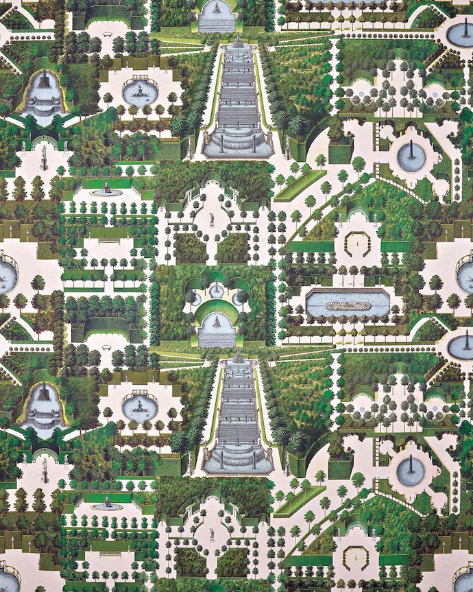 Domaine Royal’s graphic landscape combines garden plans and aerial views.