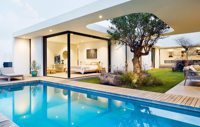 The curvature of the slab cutouts softens the abundance of rectilinear angles.