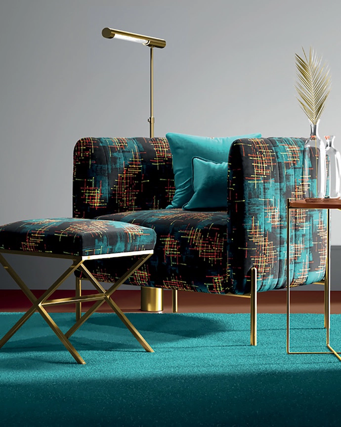 20th Century Cloth creates Mid-century Modern fabrics – including this design, Twilight, which features an atomic pattern of orange and yellow accents on a dark teal and black background.
