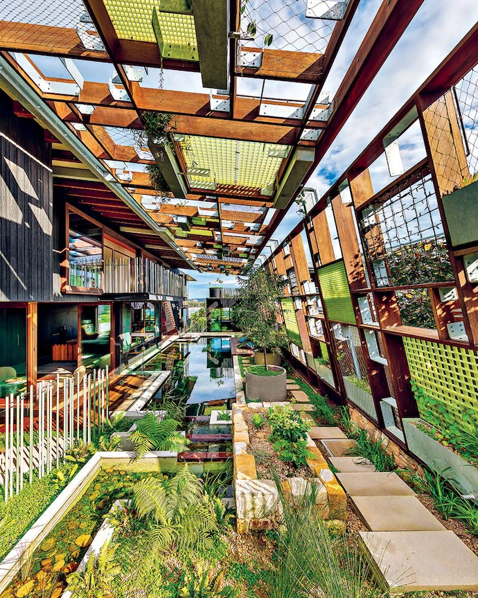 All rooms look out onto what Clinton describes as a “rainforest creek”. The showstopper outdoor space is canopied by a lattice into which planters have been embedded, and includes stepped ponds, reedbeds and a natural swimming pool.