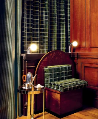Pine Green, the understated stripes of Bromley pair beautifully with Caledonian’s check design.