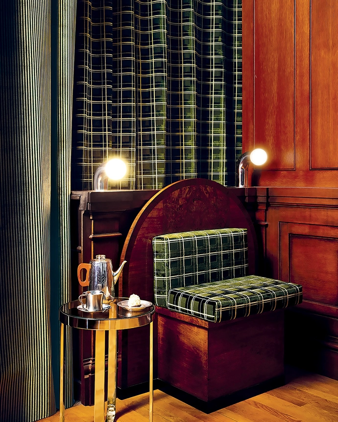 Pine Green, the understated stripes of Bromley pair beautifully with Caledonian’s check design.